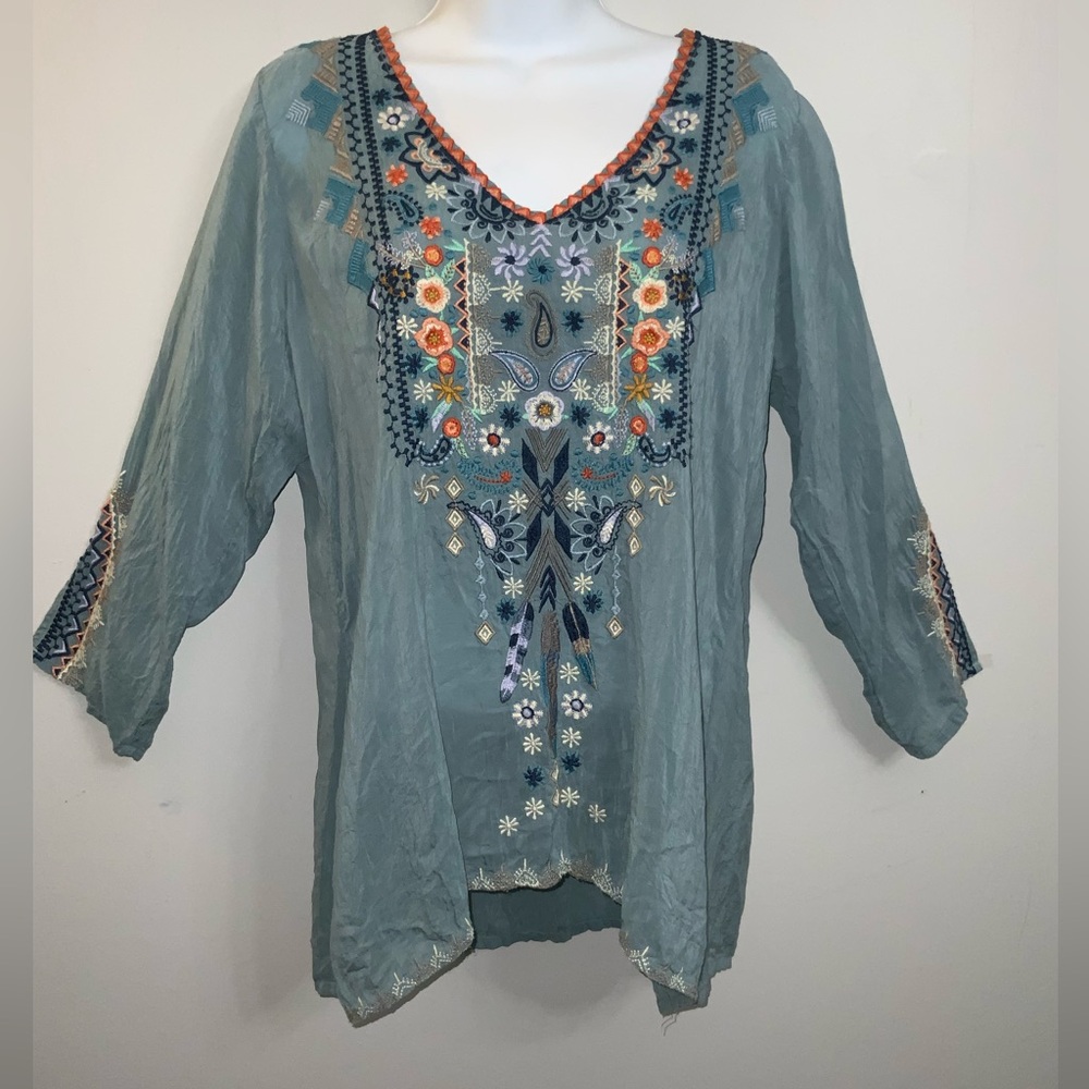 Johnny Was Floral Embroidered Teal Women's Blouse Sz M